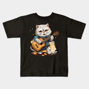 Scottish Fold Cat Playing Guitar Kids T-Shirt